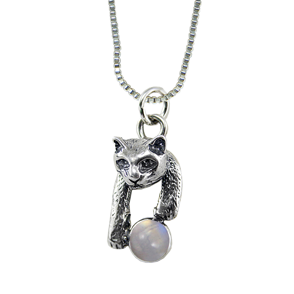 Sterling Silver Playful Little Cat Pendant With Rainbow Moonstone